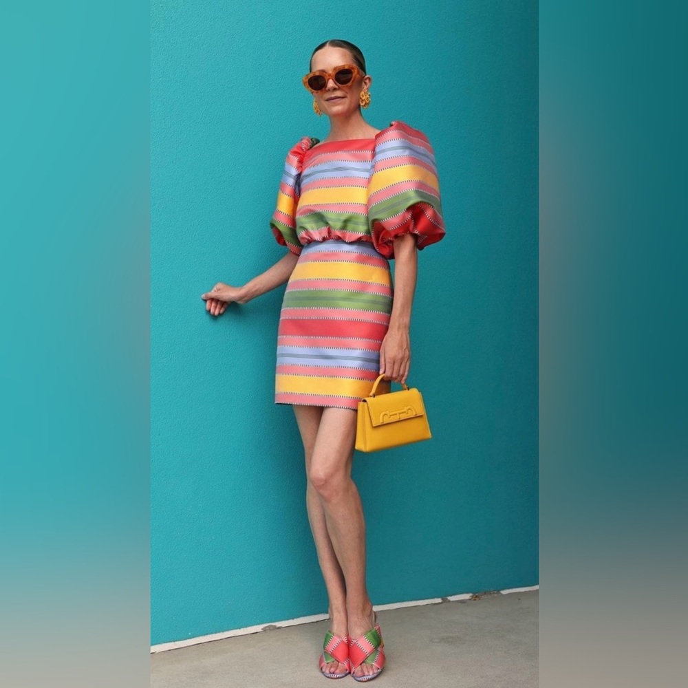 Antonio Melani x The Nat Note Colorful Striped Dress with Puff Sleeves